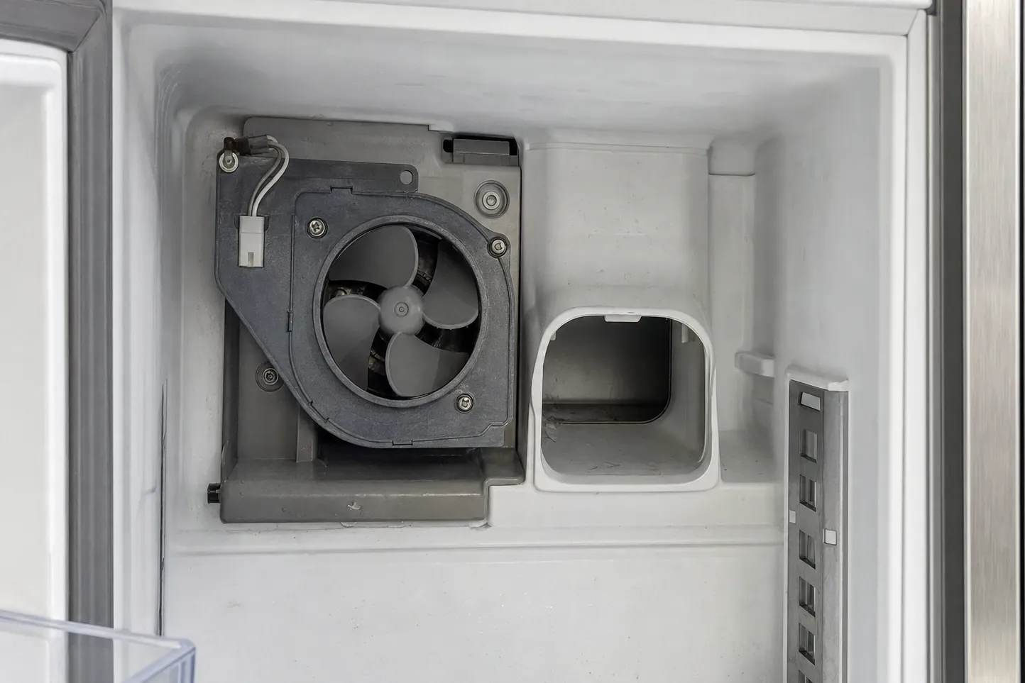 Empty freezer compartment with the rear panel removed, exposing the evaporator fan housing and the air duct opening behind it