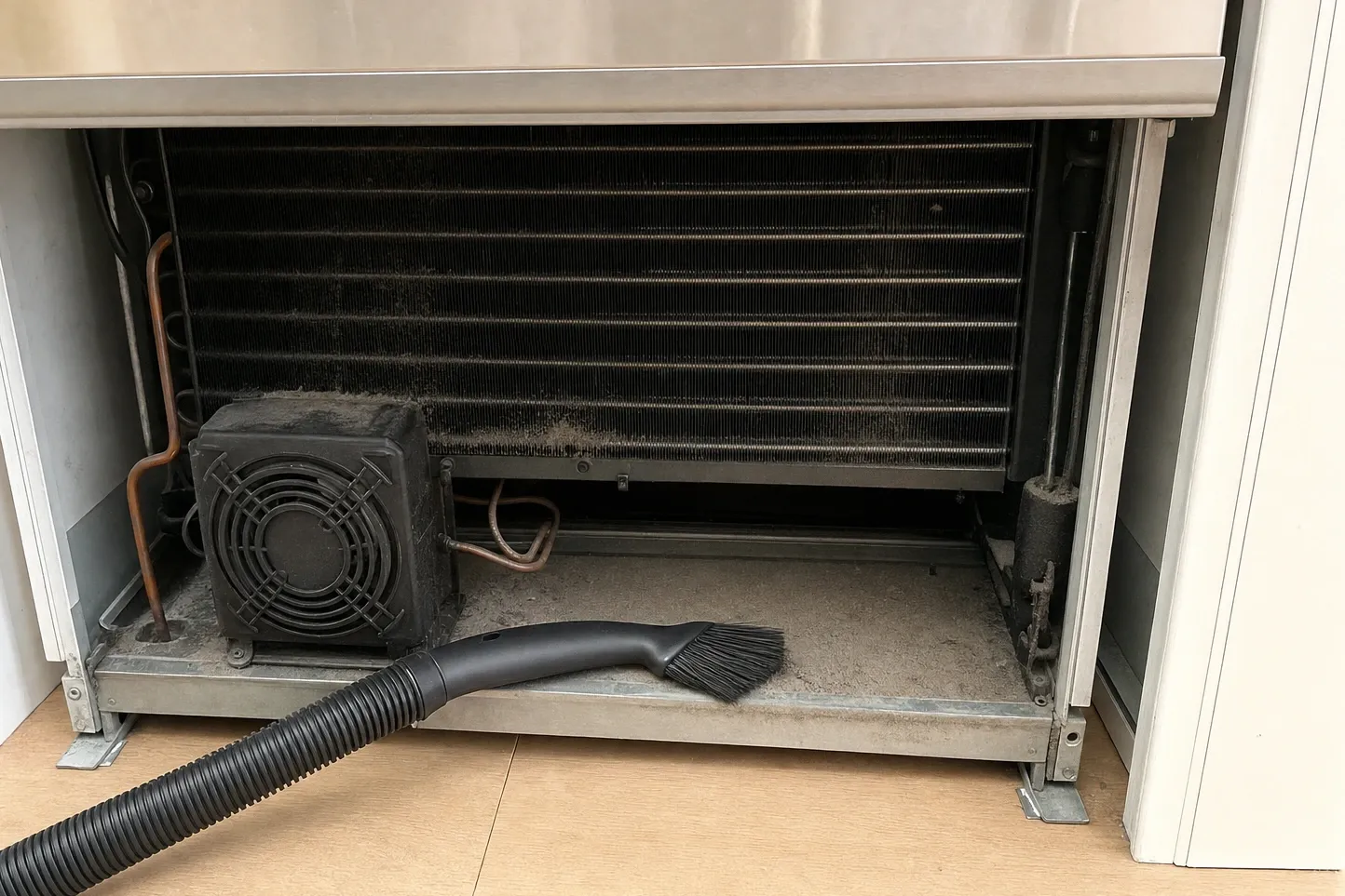 Lint-furred condenser coil and a boxed fan at the base of a cabinet with the grille off, a vacuum brush clearing dust from the base pan