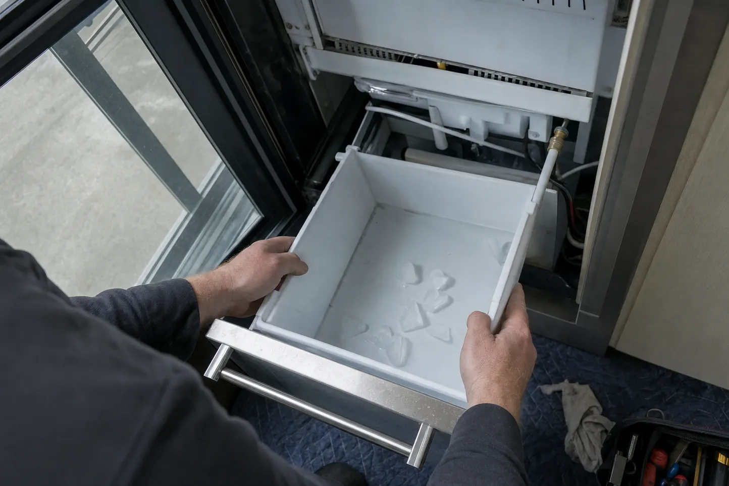A white ice bin lifted out of an undercounter drawer with only a scatter of cubes left in the bottom, the making mechanism and a brass water fitting behind